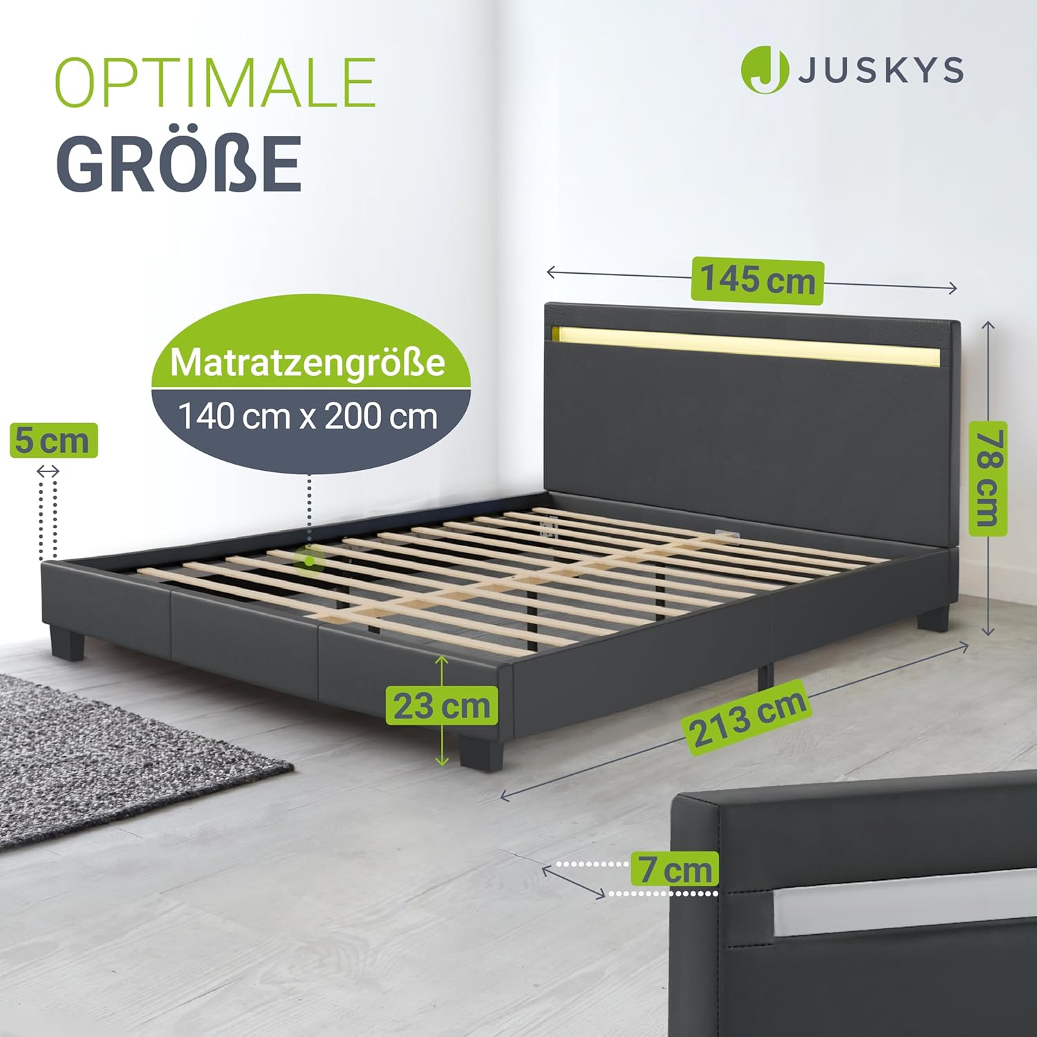 Juskys Polsterbett 140x200 cm – Bett Paris mit LED Beleuchtung, Lattenrost & Kopfteil, modernes Doppelbett aus Kunstleder & Holz – Grau