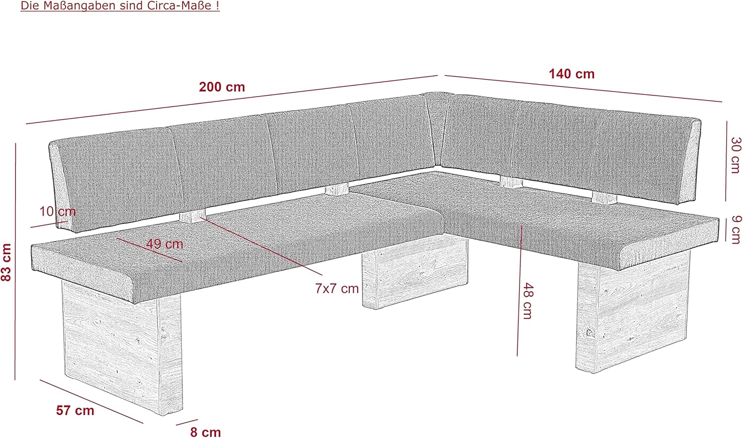 Hela Tische, Eckbank, Sitzbank Linn, Webstoff Anthrazit, Holzgestell Artisan Eiche, li-re montierbar, Belastbakeit ca. 300kg, Maß 200x140x83cm