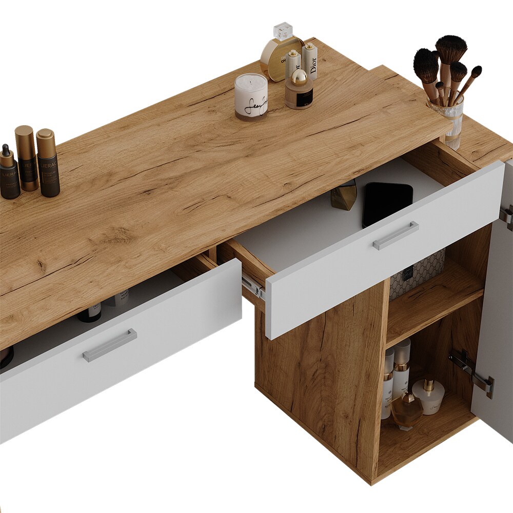 Vicco Schminktisch Regina Eiche Weiß 130 cm mit 2 Schubladen ohne Spiegel