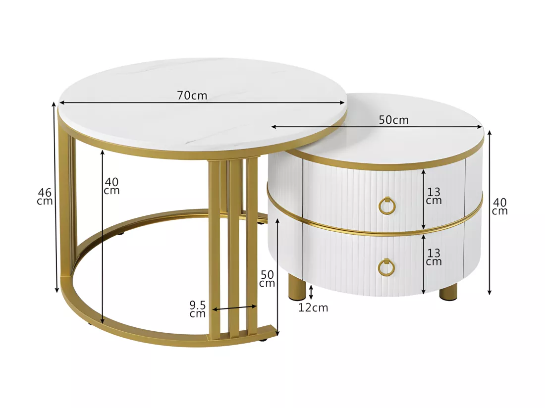 Lot de 2 tables basses gigognes avec 2 tiroirs - plateau à motif de marbre - Doré & Blanc