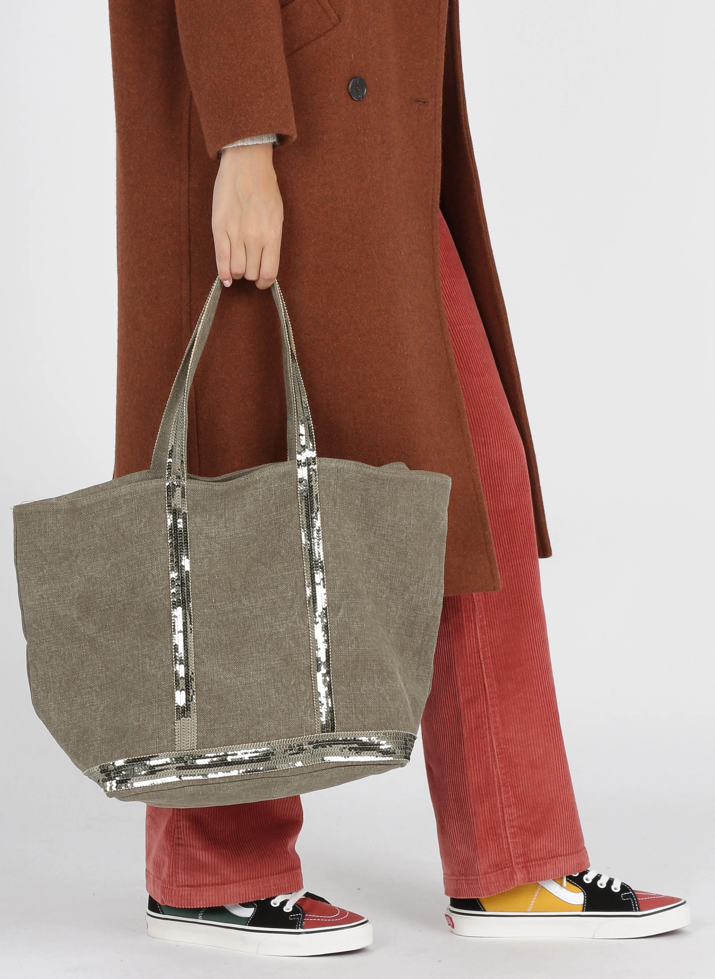 Cabas L brodé avec sequins en lin | Kaki