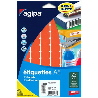 Apli Agipa - Etui A5 - 720 Étiquettes rouges multi-usages - 16 x 22 mm - réf 114333
