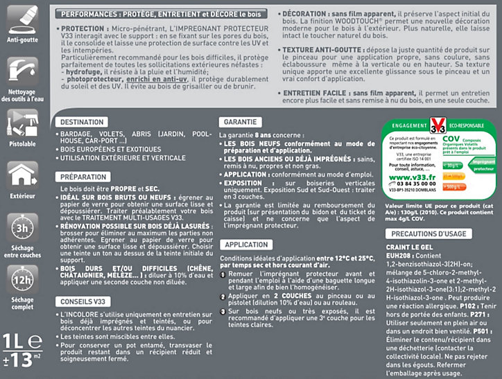 Lasure extérieure imprégnant protecteur V33 Mélèze 1L - 8 ans
