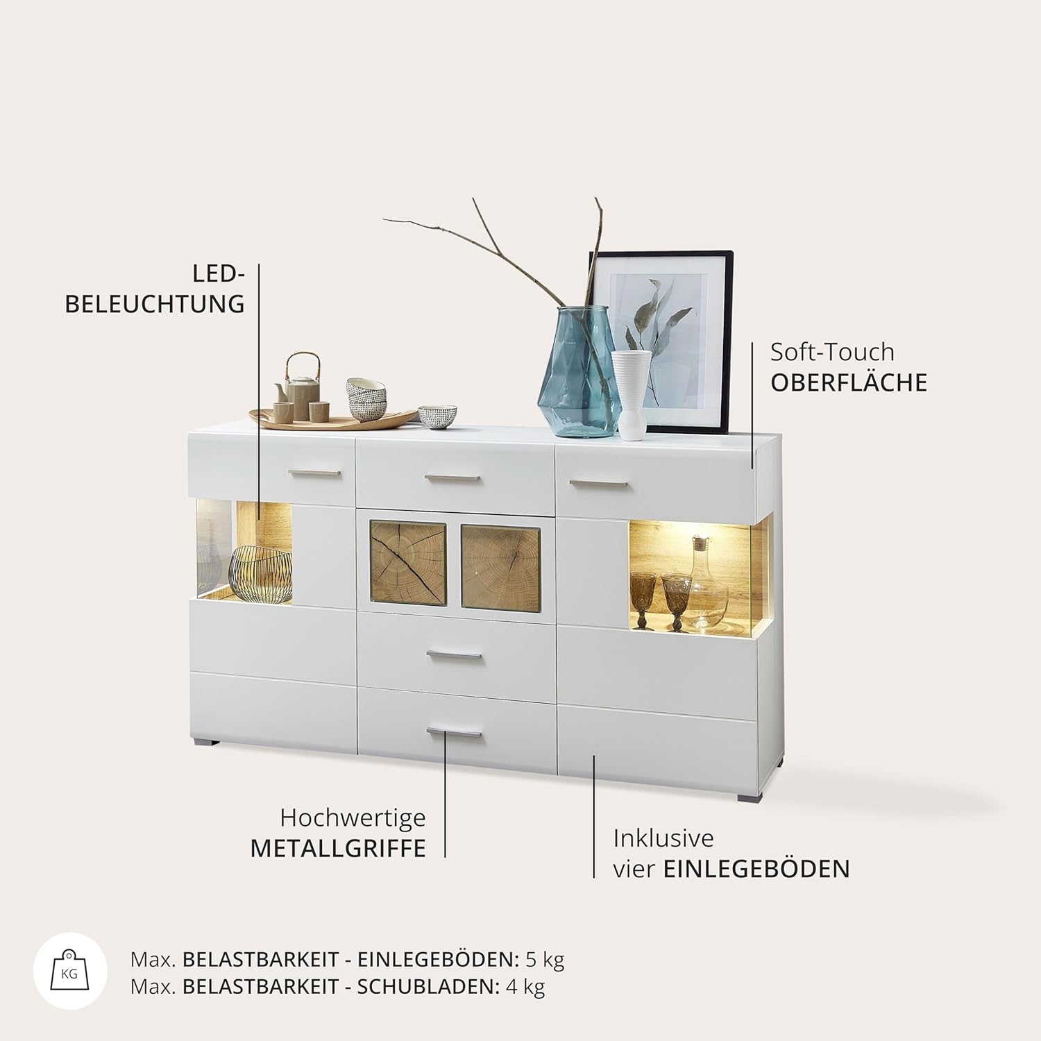 Stella Trading Fun Plus Sideboard weiss mit schönen Hirnholz-Applikationen - Moderne Kommode inkl. LED Beleuchtung - 170 x 94 x 42 cm (B/H/T)