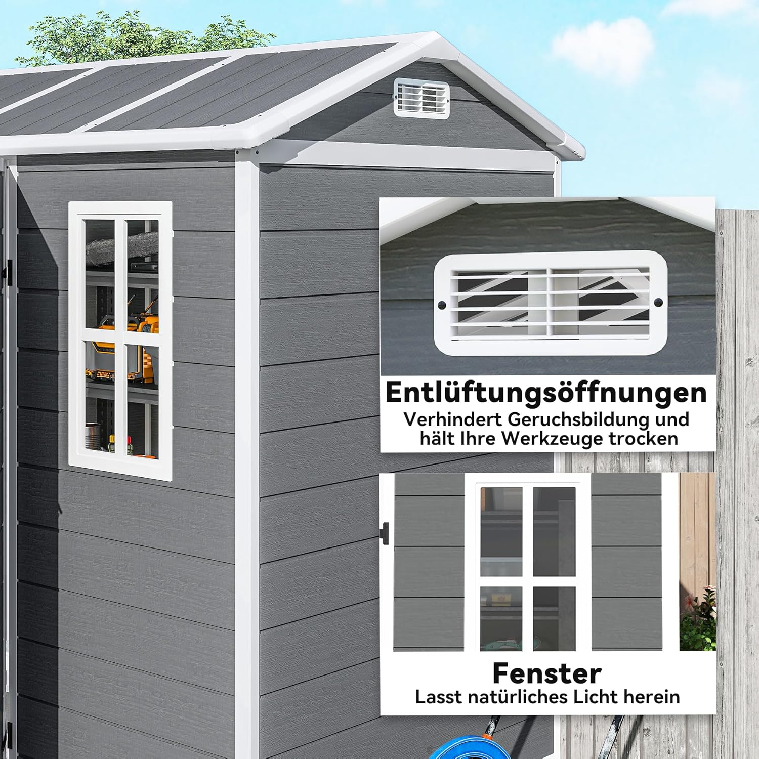 Outsunny Gerätehaus Kunststoff 2,1m² 186 x 130 x 199cm Geräteschuppen mit Satteldach Boden Fenster Abschließbarer Tür wetterfest Gartenhaus Outdoor Garten Schuppen für Hinterhof Grau
