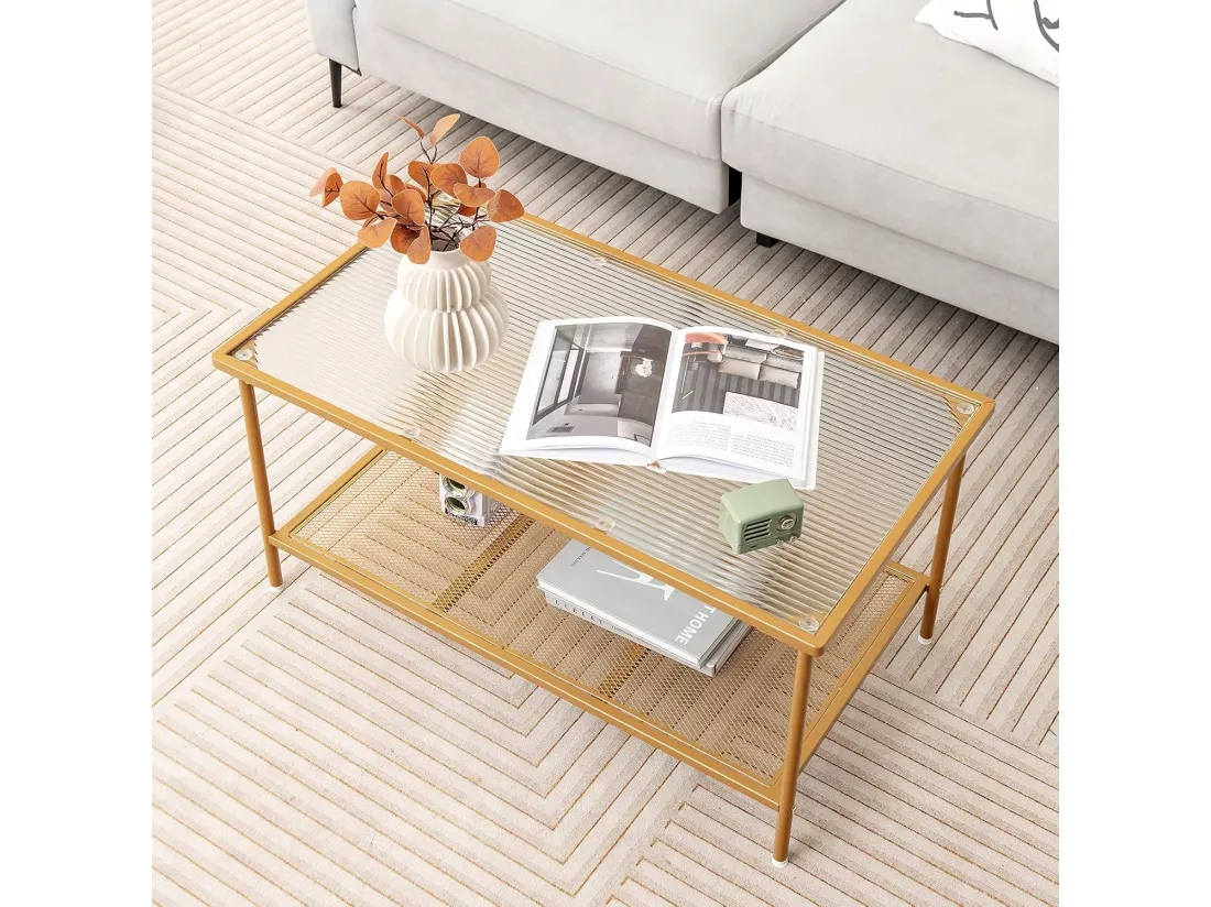 Table Basse Rectangulaire, Table Basse Verre avec Étagère en Maille, Cadre en Métal Doré, Design Moderne, Table Salon, Assemblage Facile, 90 x 50 x 46 cm