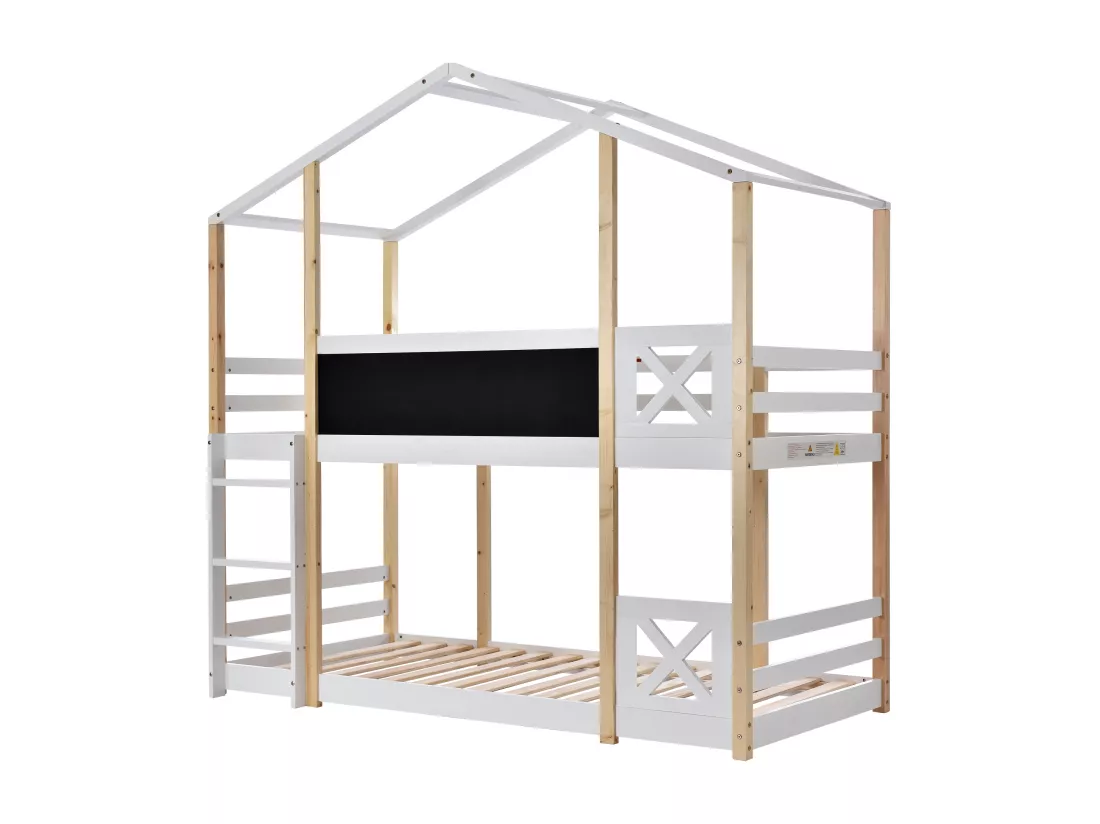 Lit superposé cabane en pin massif avec barrières anti-chutes + échelle + tableau noir - 90x200cm - Naturel & Blanc