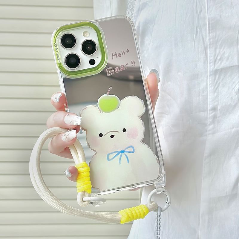 likamika - Bear Mirrored Strap-telefoonhoesje - iPhone 15 Pro Max / 15 Pro / 15 Plus / 15 / 14 Pro Max / 14 Pro / 14 Plus / 14 / 13 Pro Max / 13 Pro / 13 / 13 mini / 12 Pro Max / 12 Pro / 12