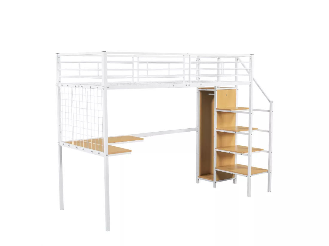Lit superposé 90x200 cm - avec bureau et armoire - en fer et panneaux de particules - Blanc