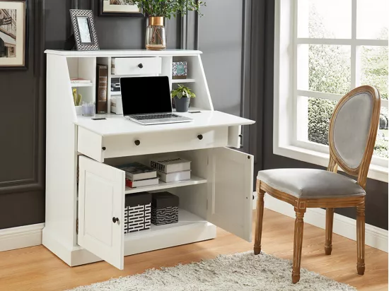 Secrétaire en pin et MDF - Coloris : Blanc - CLEORE