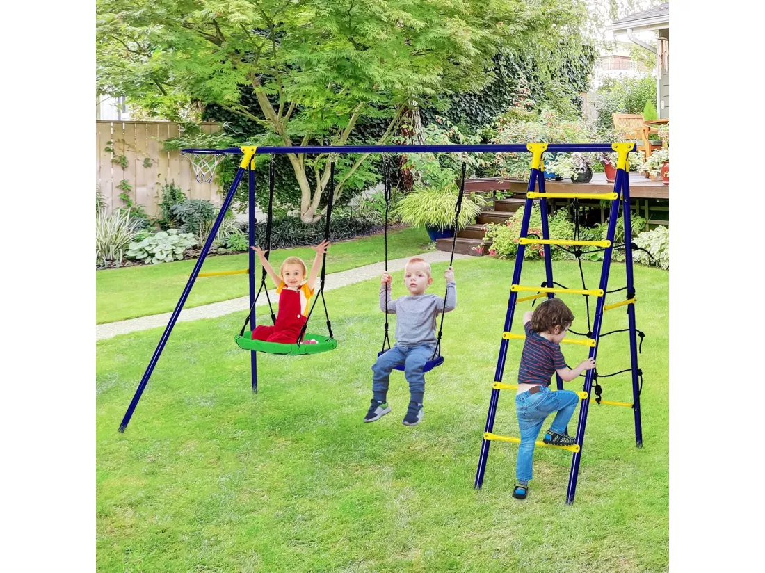 5 en 1 Balançoire Enfants Extérieur avec Panier de Basket, Balançoire Nid d'Oiseau Ø66 cm et en U avec Hauteur Réglable, Filet & Echelle d’Escalade, Charge 75kg pour 3-12 Ans