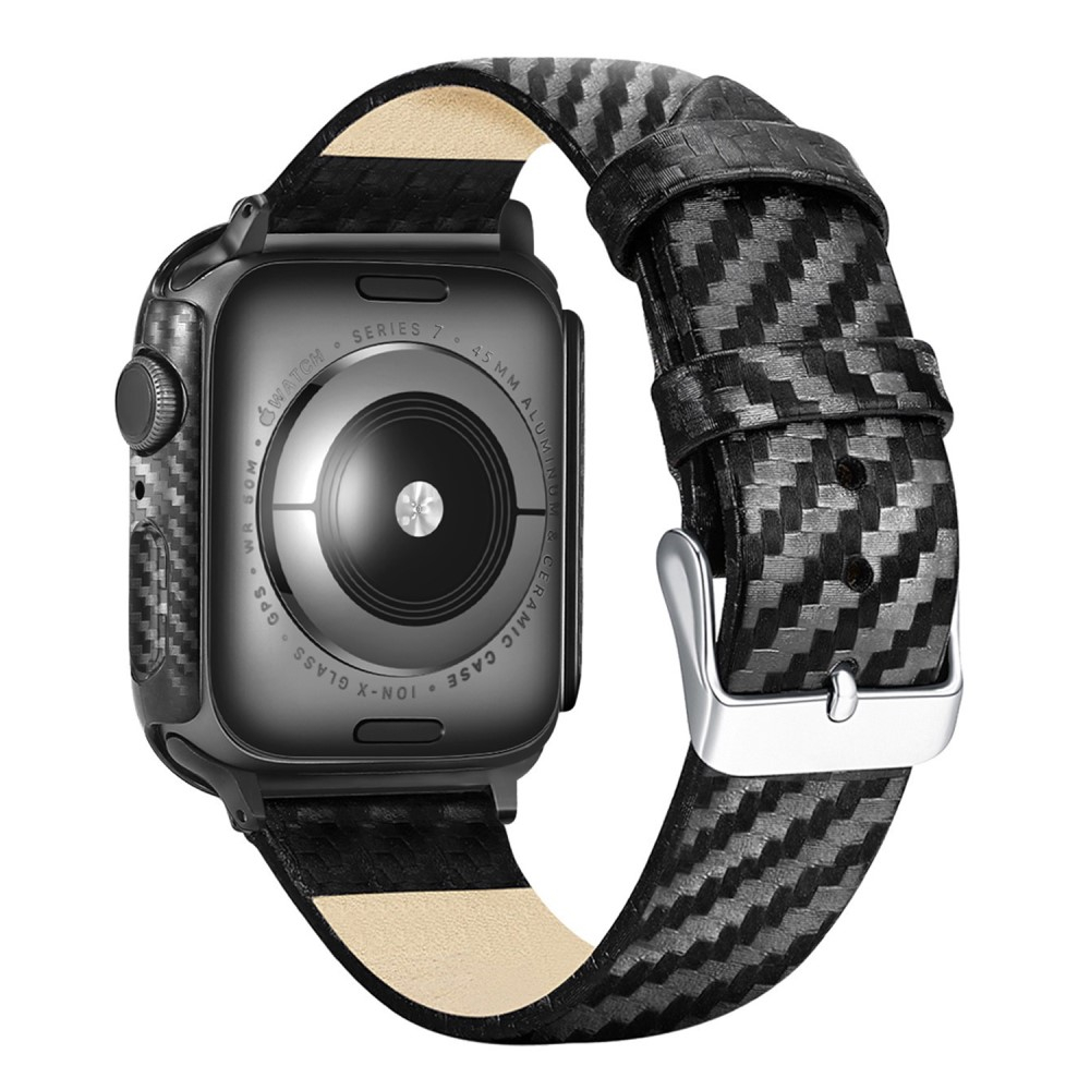 Apple Watch (49/45 mm) Echtleder Armband   (45 mm) Bumper Case im Carbon Look - Schwarz
