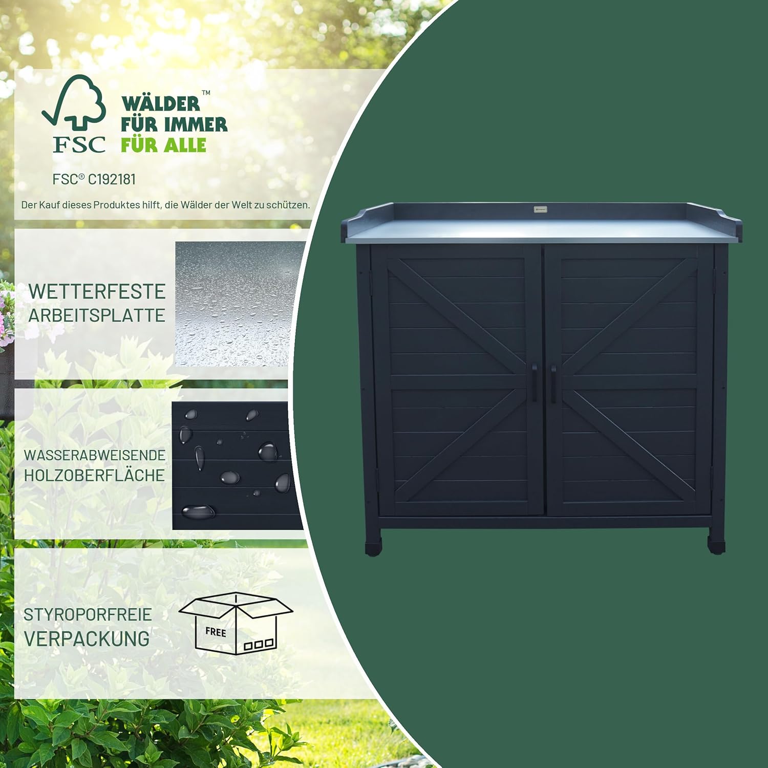 HABAU Gartenschrank mit Arbeitsplatte aus FSC-Massivholz – anthrazit, wetterfest & styroporfrei verpackt - Outdoor Schrank für Balkon, Garten und Terrasse (Roger)