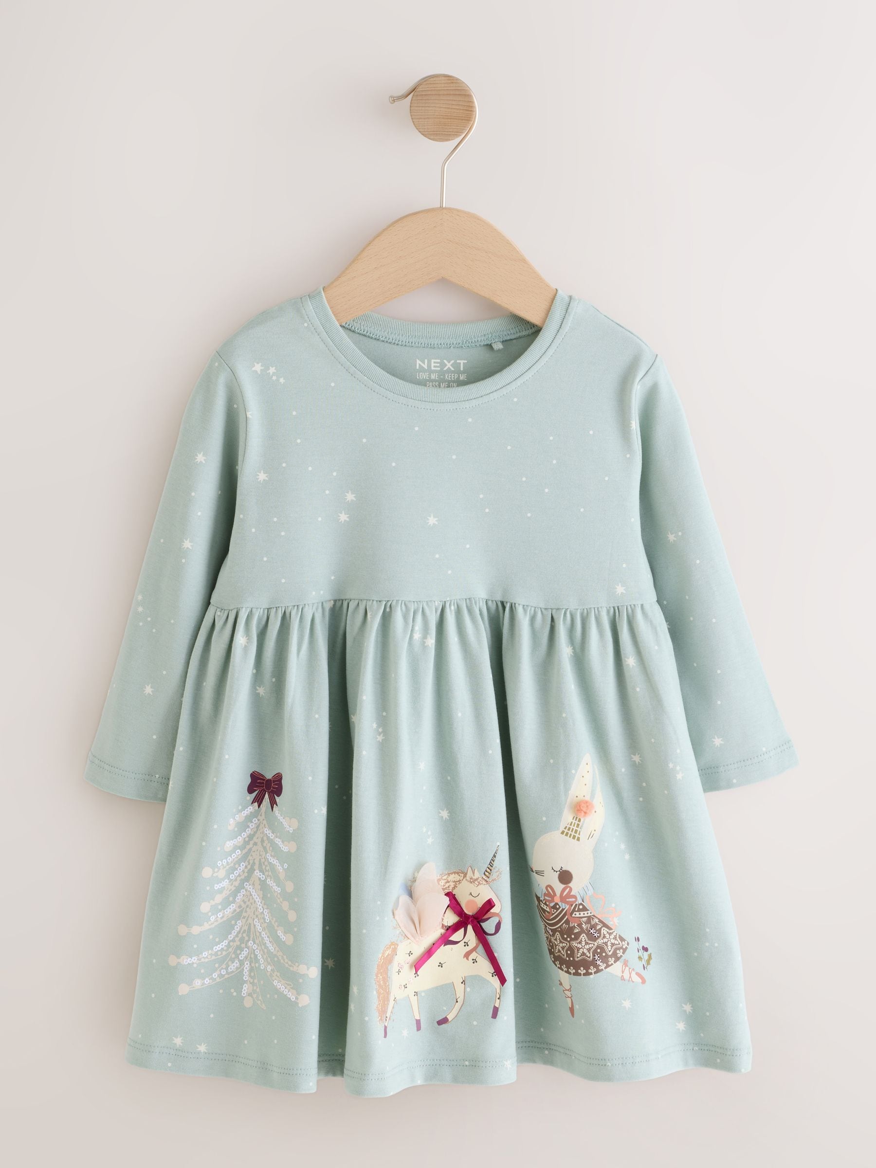 Blauw - Kerstjurk met lange mouwen en figuurtje (3mnd-7jr)
