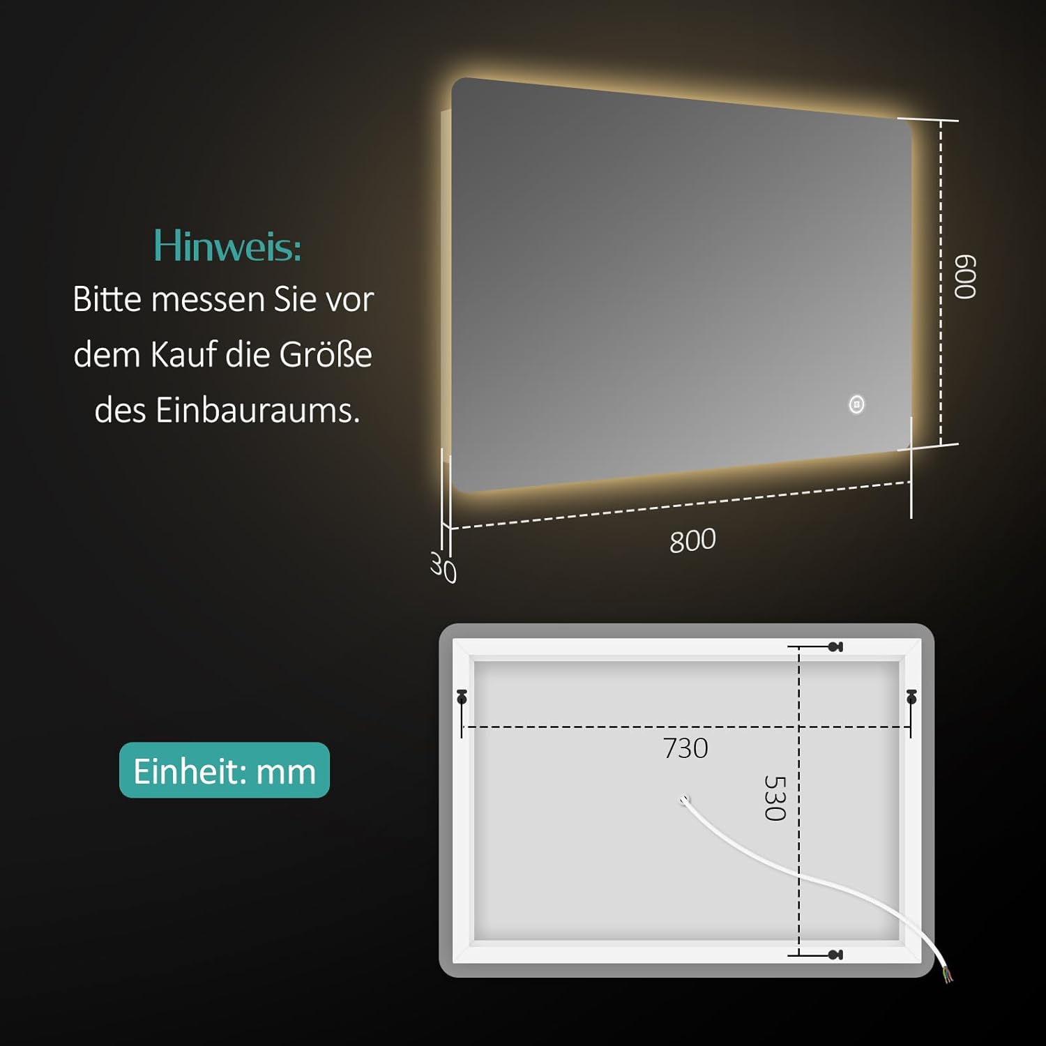 EMKE Badspiegel mit Beleuchtung 80x60cm Badezimmerspiegel mit 3 Lichtfarbe Dimmbar Wandspiegel, Touch, beschlagfrei, 3 Stunden automatische Abschaltung