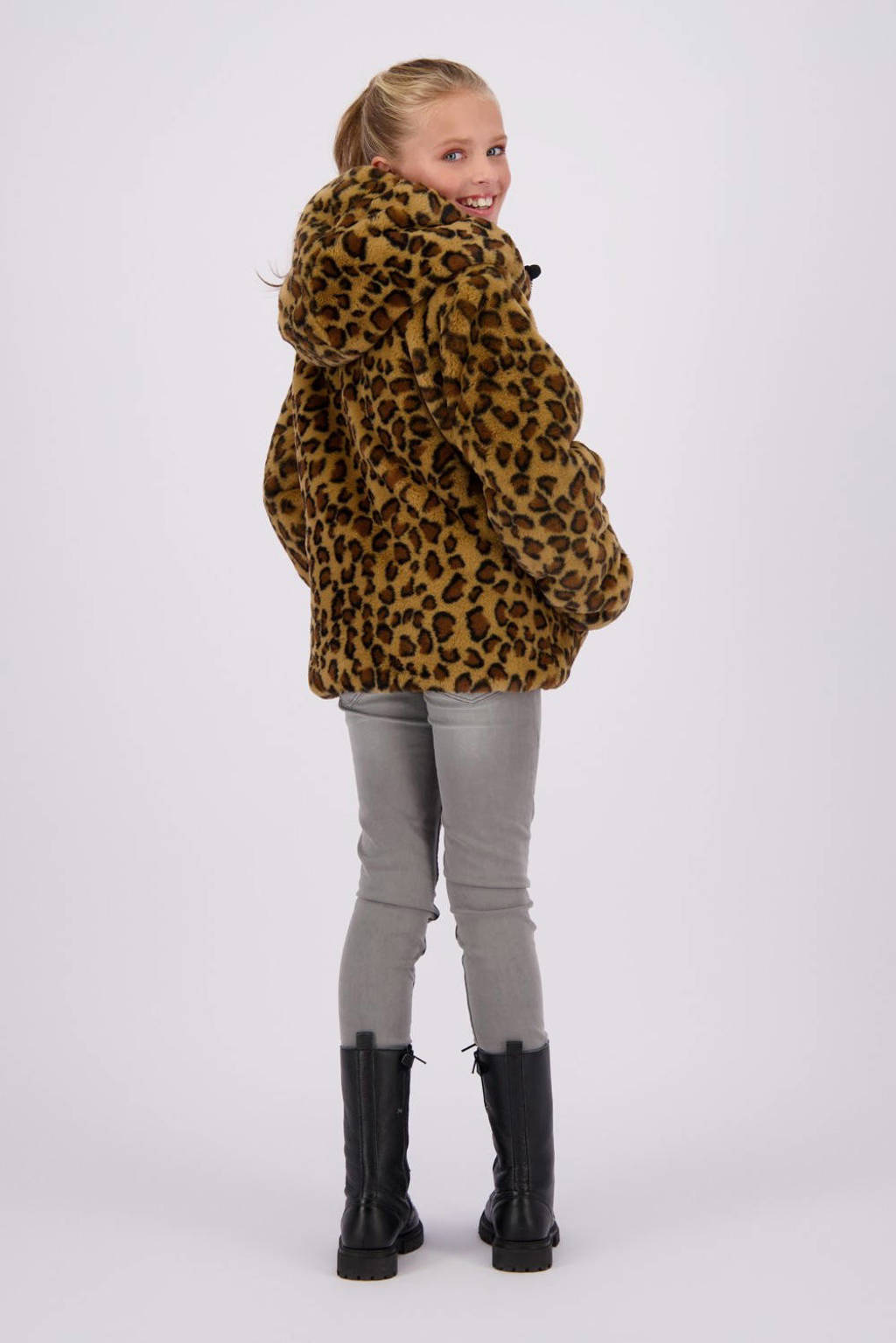 Vingino reversible gewatteerde imitatiebont winterjas Tabra met panterprint zwart/bruin