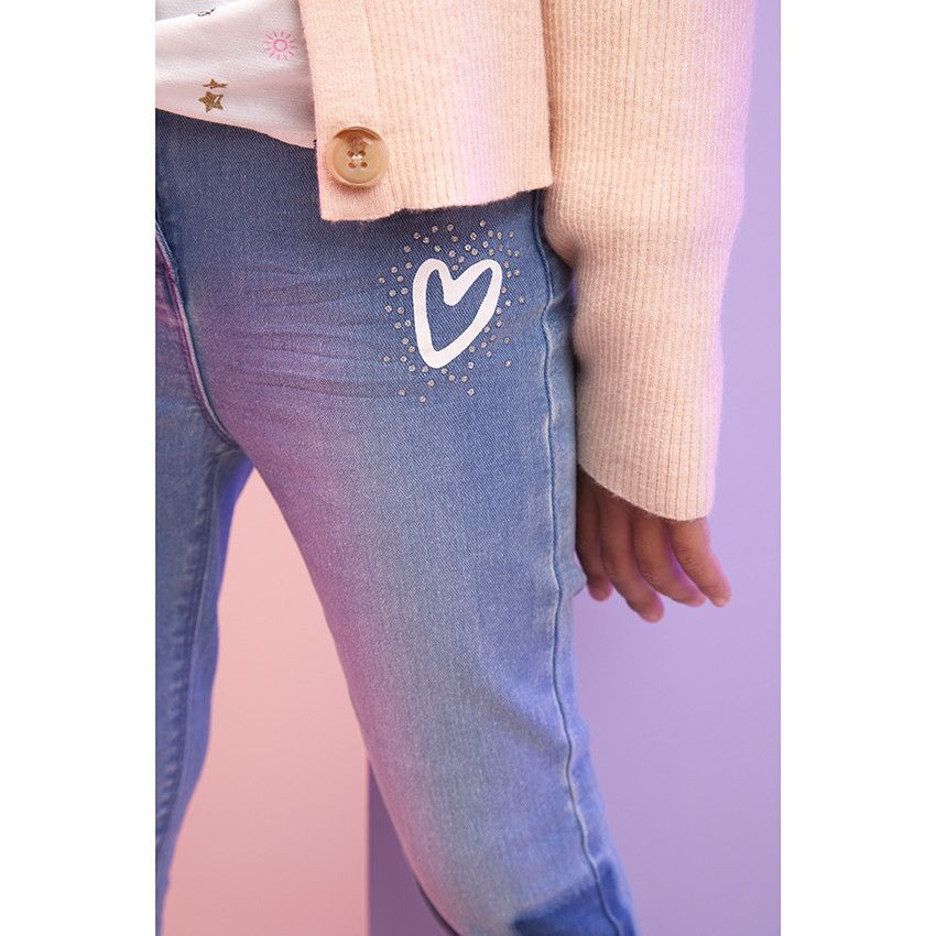 Jean slim en denim effet patchwork avec strass pour fille - Bleu