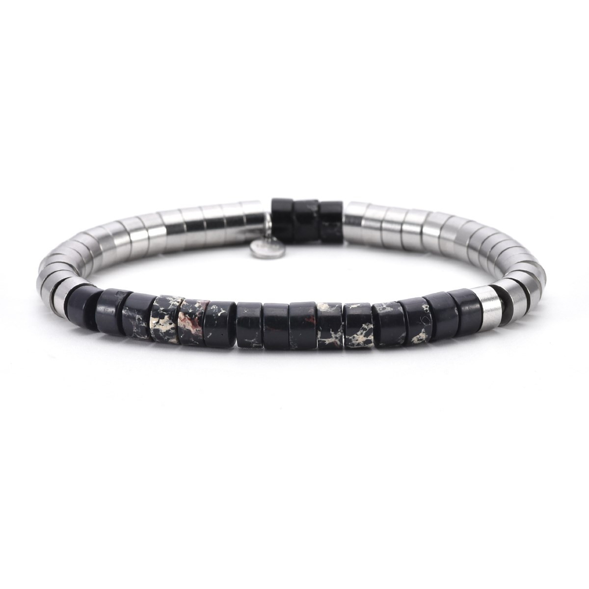 Bracelet Acier Perles Heishi 6mm Jaspe Noir Impérial-Small-16cm