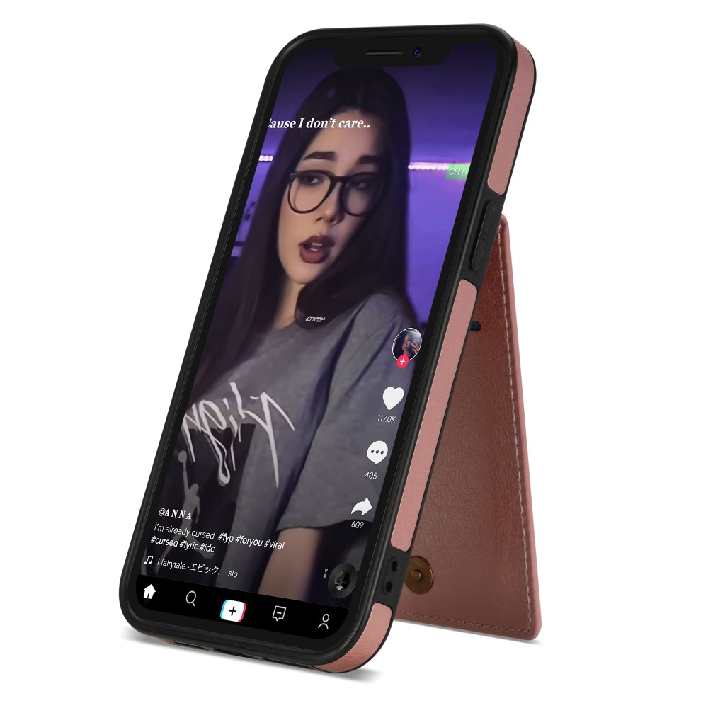 iPhone 15 Pro Hybrid Leder Hardcase Hülle mit Kartenfächer mit Aufsteller (RFID Schutz) - Roségold