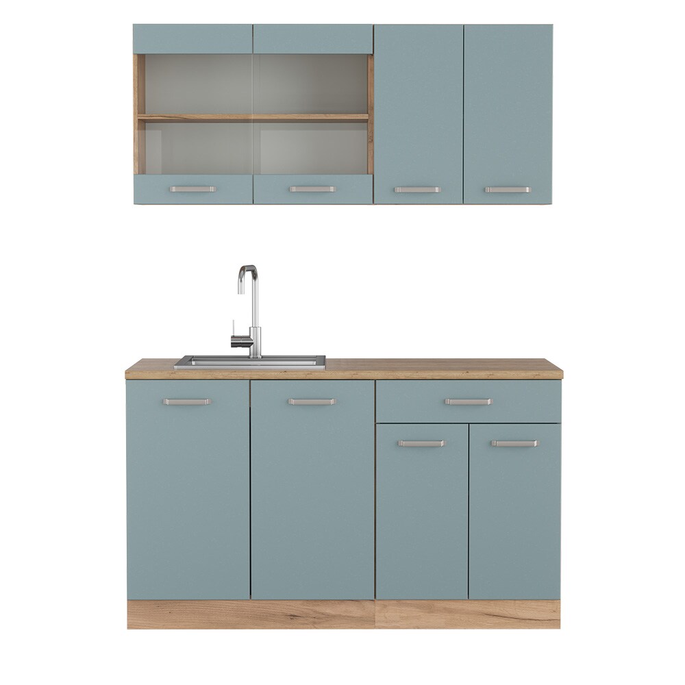 Vicco Küchenzeile R-Line Solid Eiche Blau Grau 140 cm modern Küchenschränke Küchenmöbel