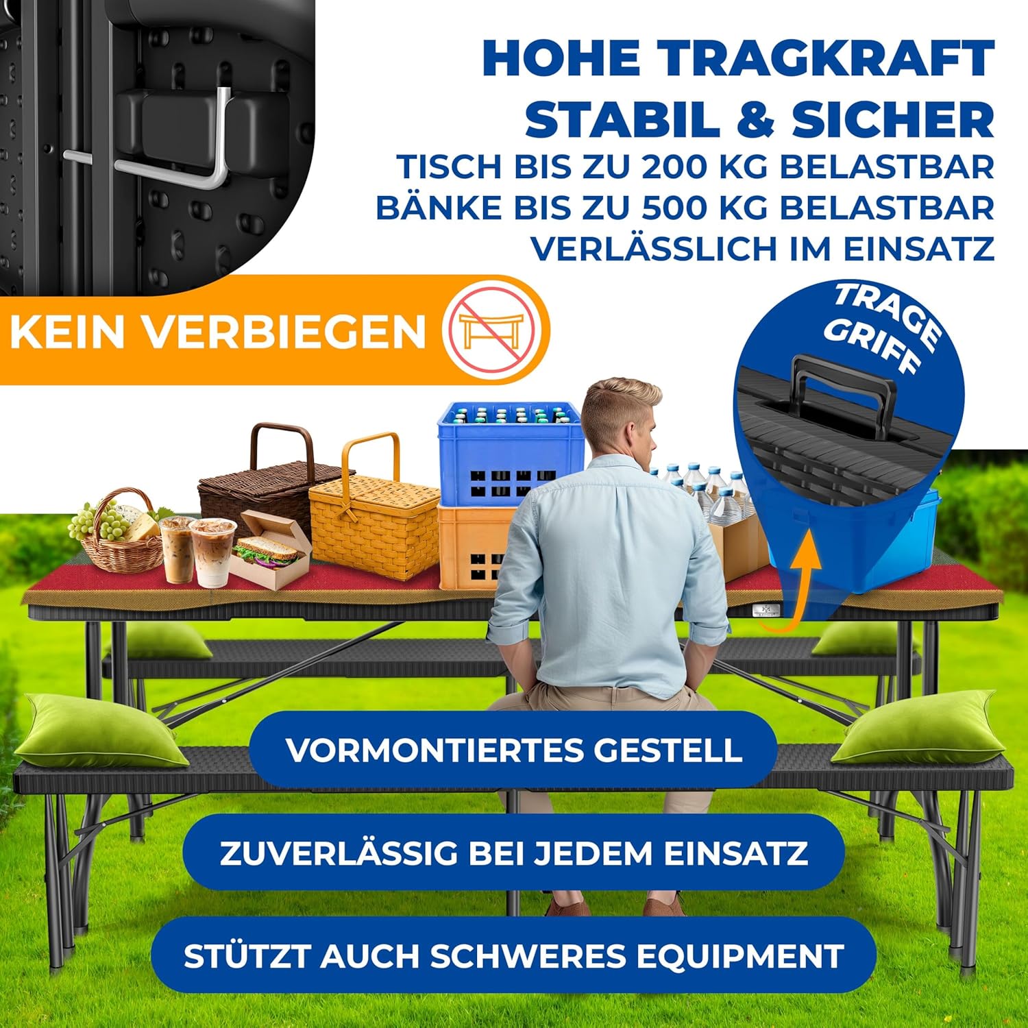 KESSER® Bierzeltgarnitur 3-teilig Set Tisch & 2x Bank | Buffettisch für drinnen & draußen Gartengarnitur klappbar 183x76x74cm Kunststoff Klapptisch Rattan-Look Gartentisch Inkl Abdeckung & Tragegriffe