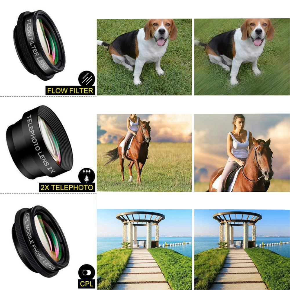 7in1 Kamera Teleobjektiv mit Clip (Fisheye / Weitwinkel / Makro / Portrait / CPL / Teleobjektiv / Sternfilter)   Aufbewahrungstasche - Schwarz