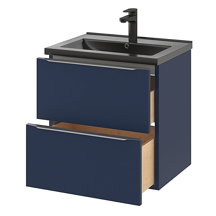Ensemble salle de bains l.60 cm meuble à suspendre Imandra bleu nuit mat + plan vasque céramique noir