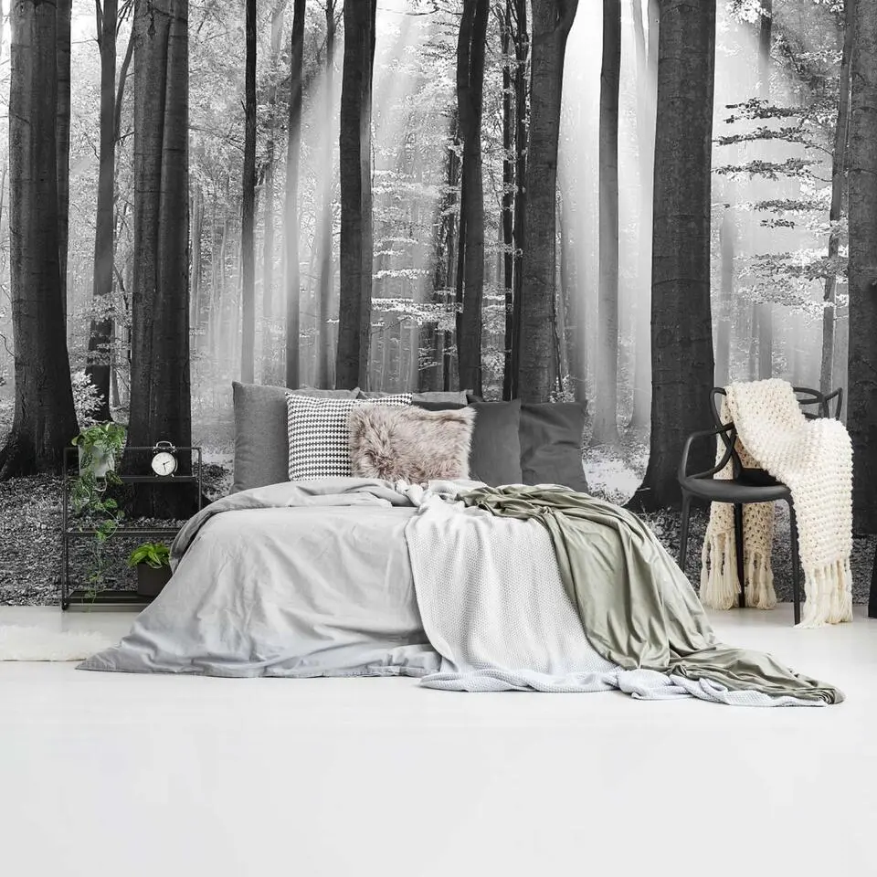 Fotobehang Zonlicht in loofbos - 260x384cm - Zwart-Wit