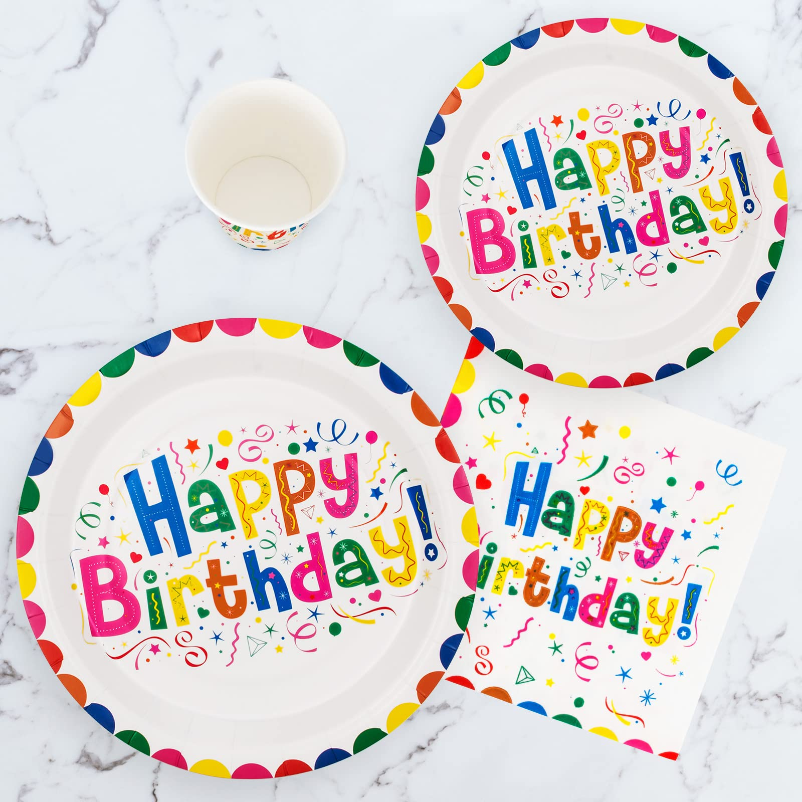 (80-tlg. Set) Happy Birthday Einweg Geschirr Geburtstags Party Tisch Deko inkl. Teller / Servietten / Papp Becher - Bunt