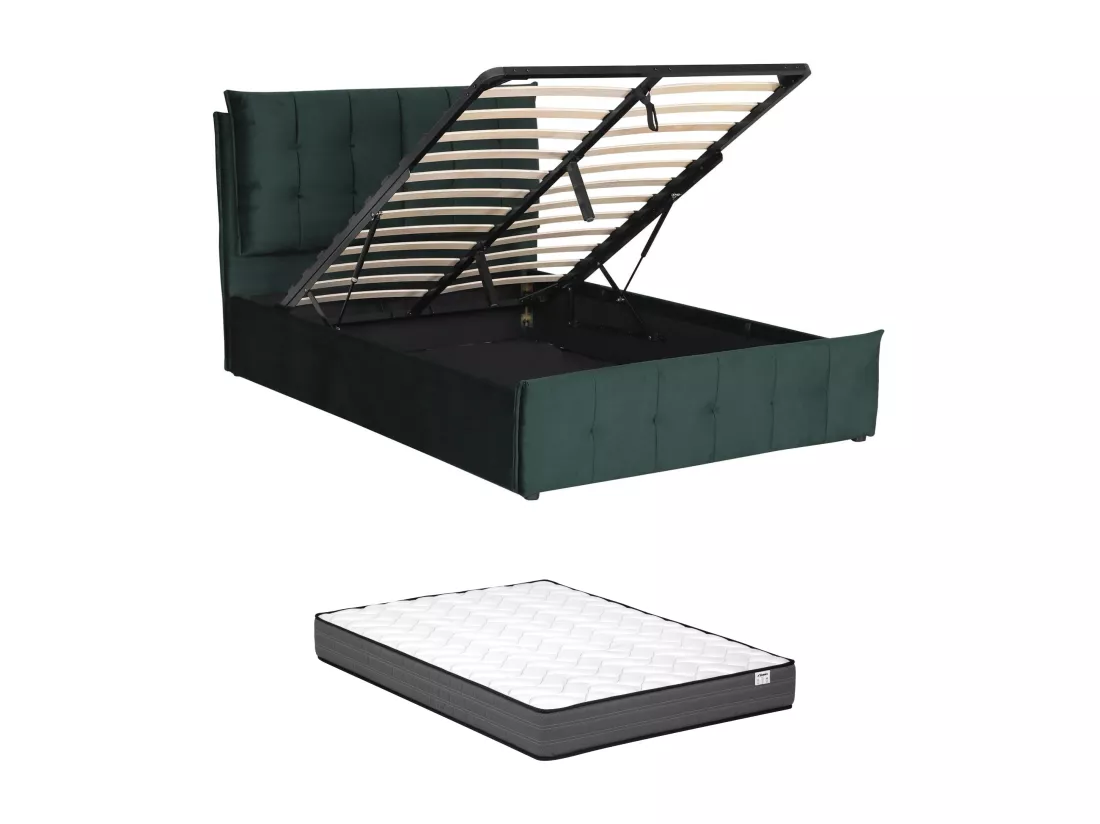 Lit coffre 160 x 200 cm - Velours - Vert + Matelas - OLERIA