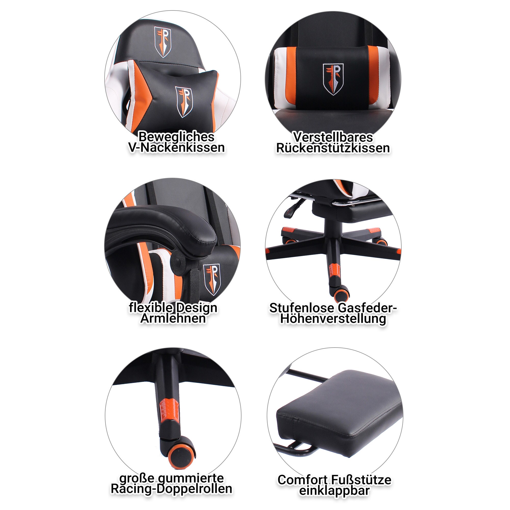 Gaming Chair im Racing-Design mit flexiblen gepolsterten Armlehnen - ergonomischer PC Gaming Stuhl in Lederoptik - Gaming Schreibtischstuhl mit ausziehbarer Fußstütze und extra Stützkissen