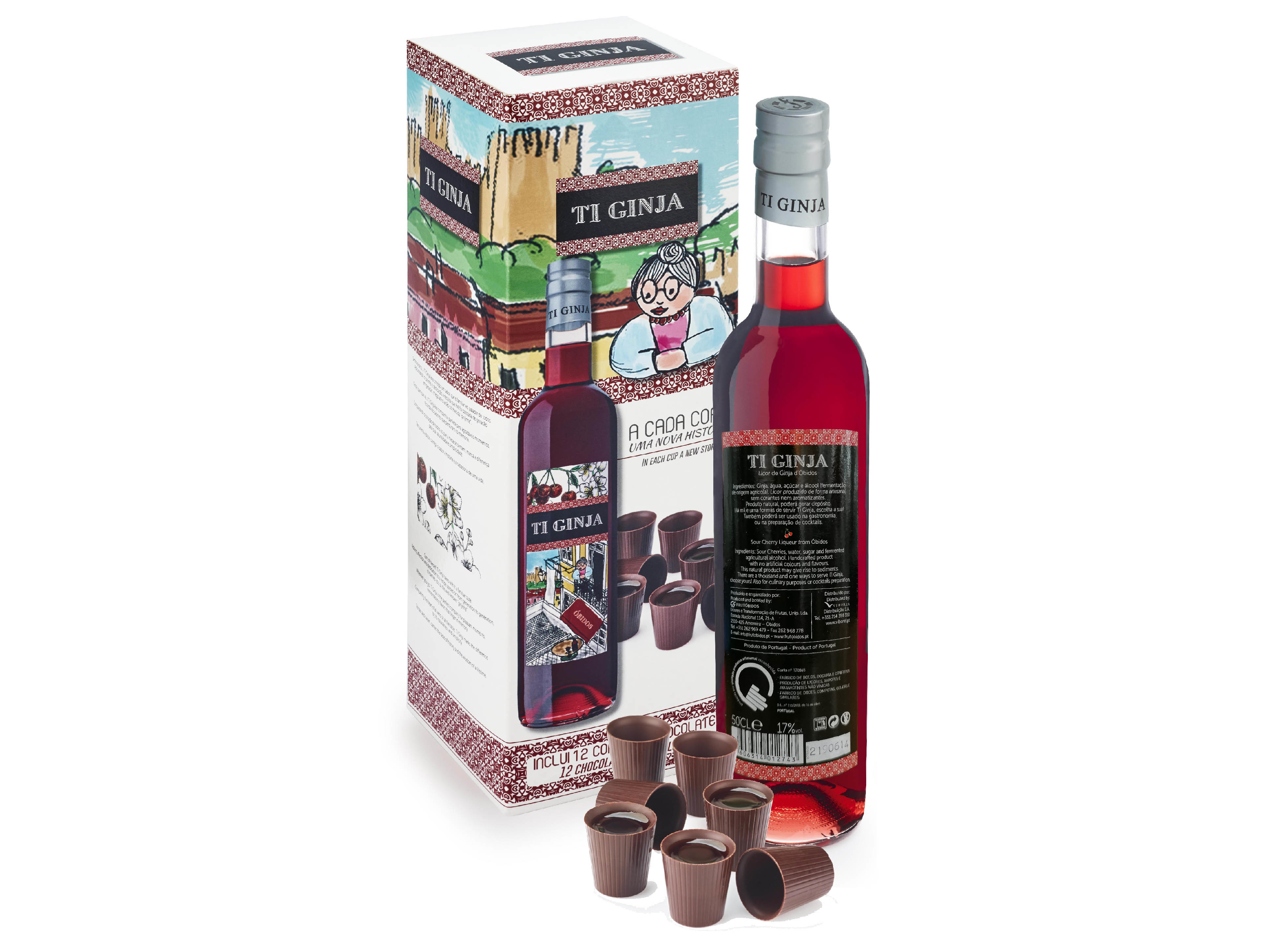 LICOR DE GINJA TI GINJA   12 COPOS DE CHOCOLATE 0.50L
