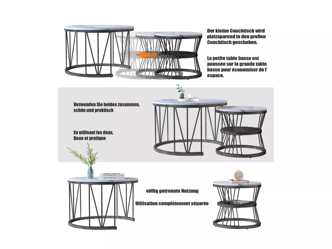 Lot de 2 tables basses rondes modernes avec structure en marbre pour salon, salle de réception, balcon et bureau - Structure en métal - 70 x 70 x 45 cm - Noir - 70 x 70 x 45 cm