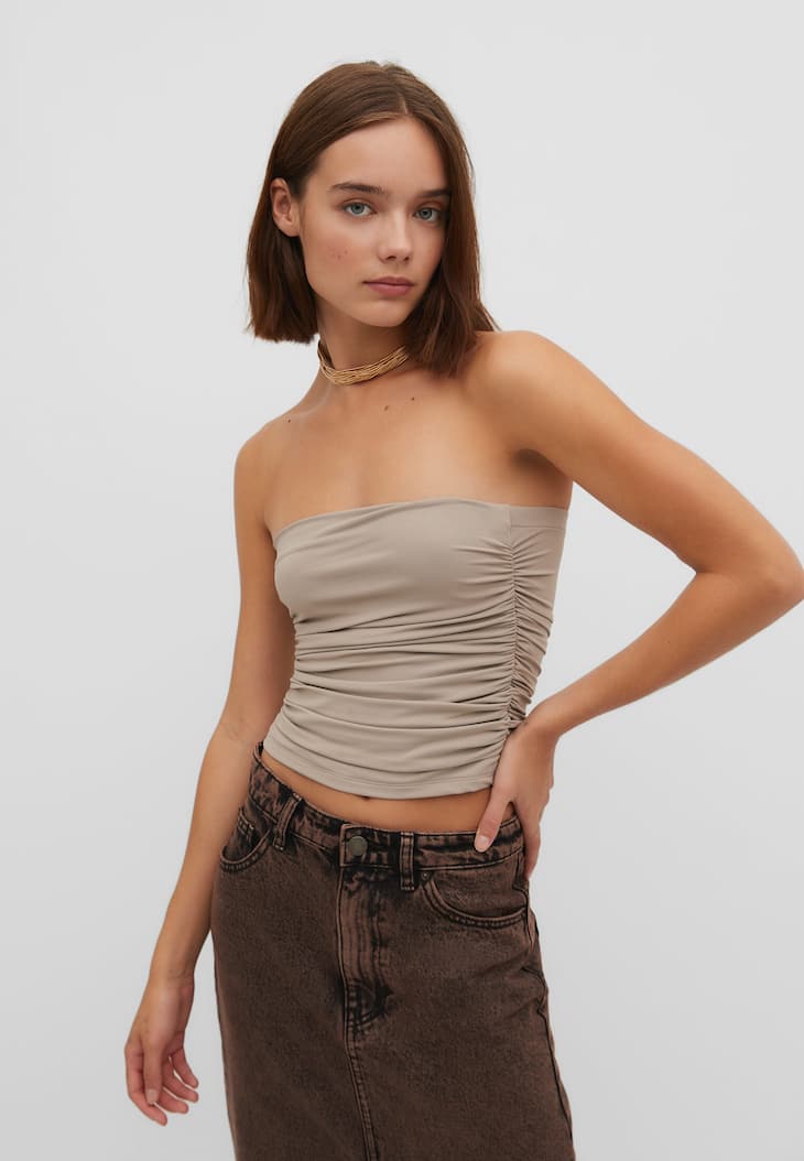 Top bandeau franzido em poliamida