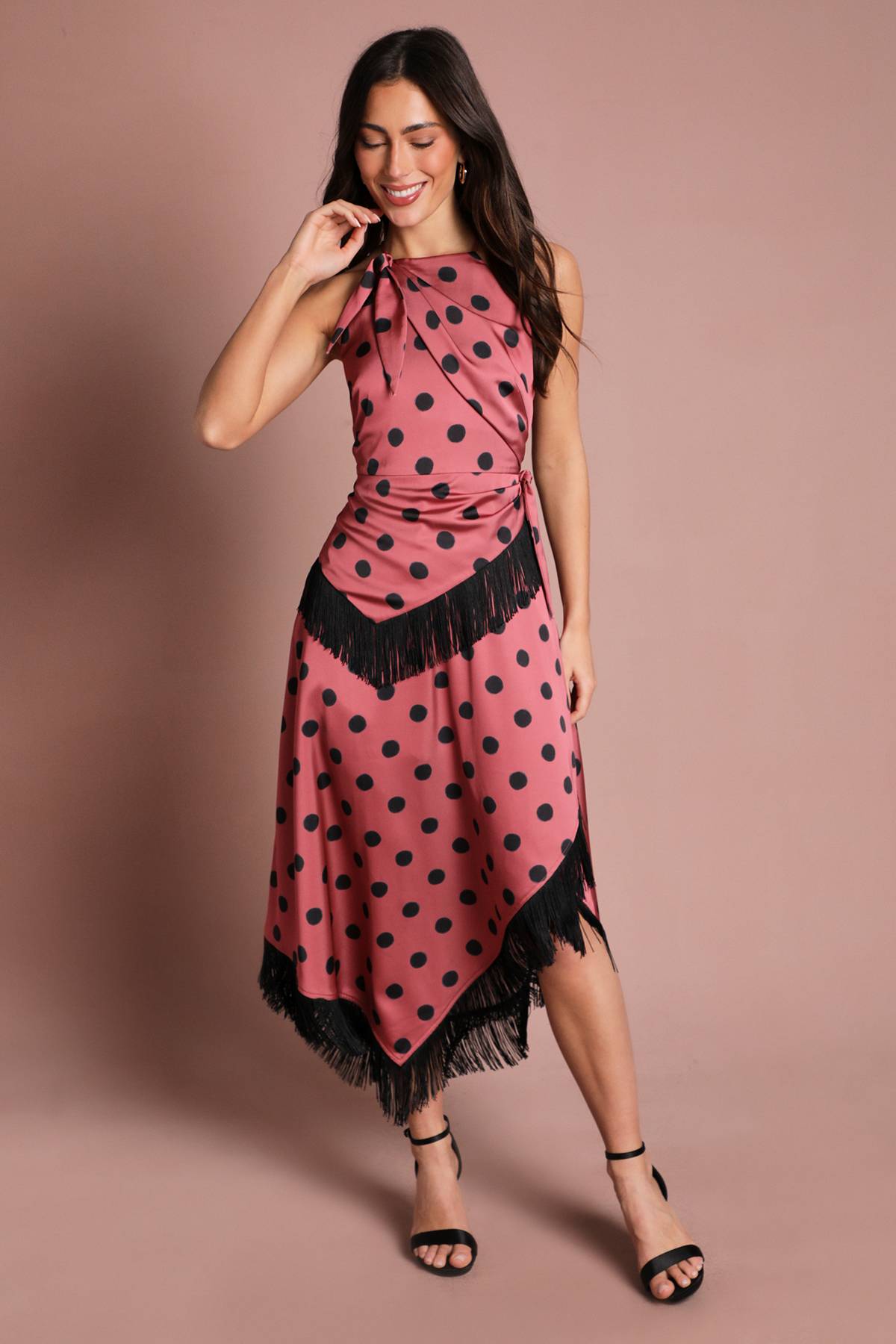 Coast Robe Midi En Satin À Pois Avec Franges Et Encolure Dos-nu
