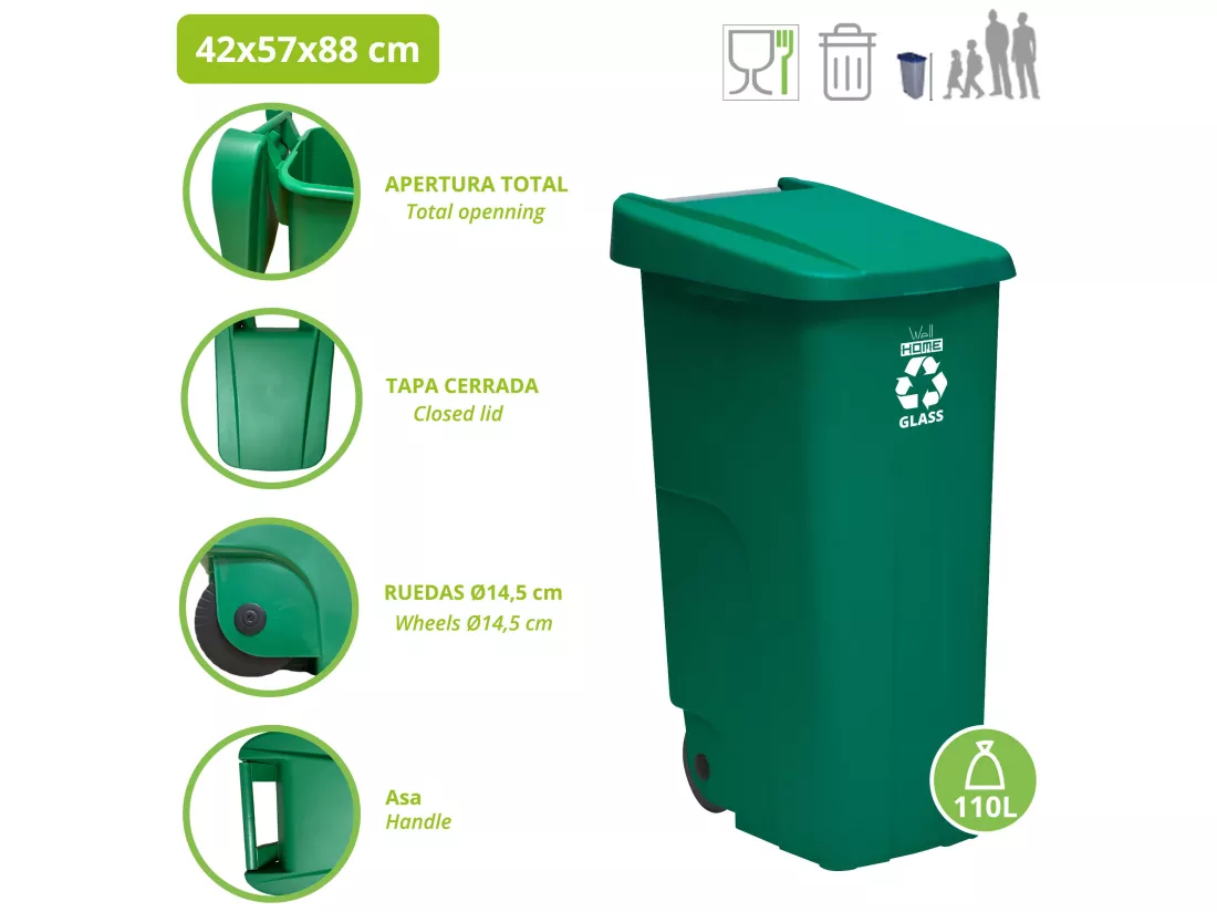 Récipient de recycle 110 litres, fermé avec le couvercle, idéal pour le recyclage en verre, avec roues, L42 P57 H88