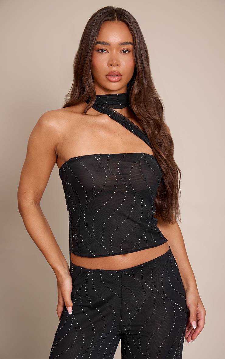 Noir Top Bandeau Écharpe En Maille Ornée De Strass Thermocollants