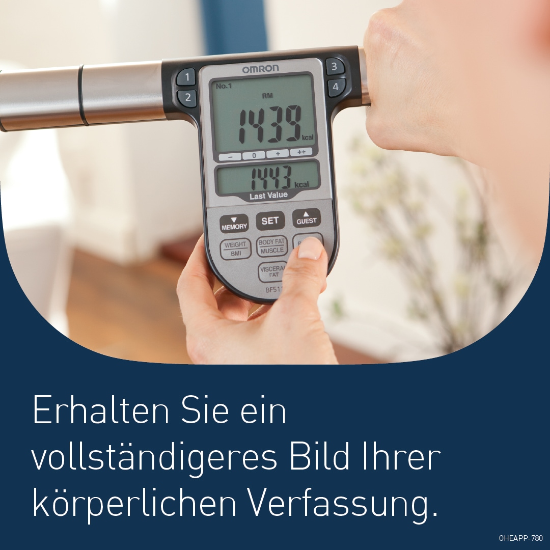 Omron Körper-Analyse-Waage »BF511 Ganzkörpermessung mit klinischer Genauigkeit, 8 Sensoren« Körper- & Viszeralfett, Muskelmasse, BMI & RMR, bis 150 kg, 4 Nutzer