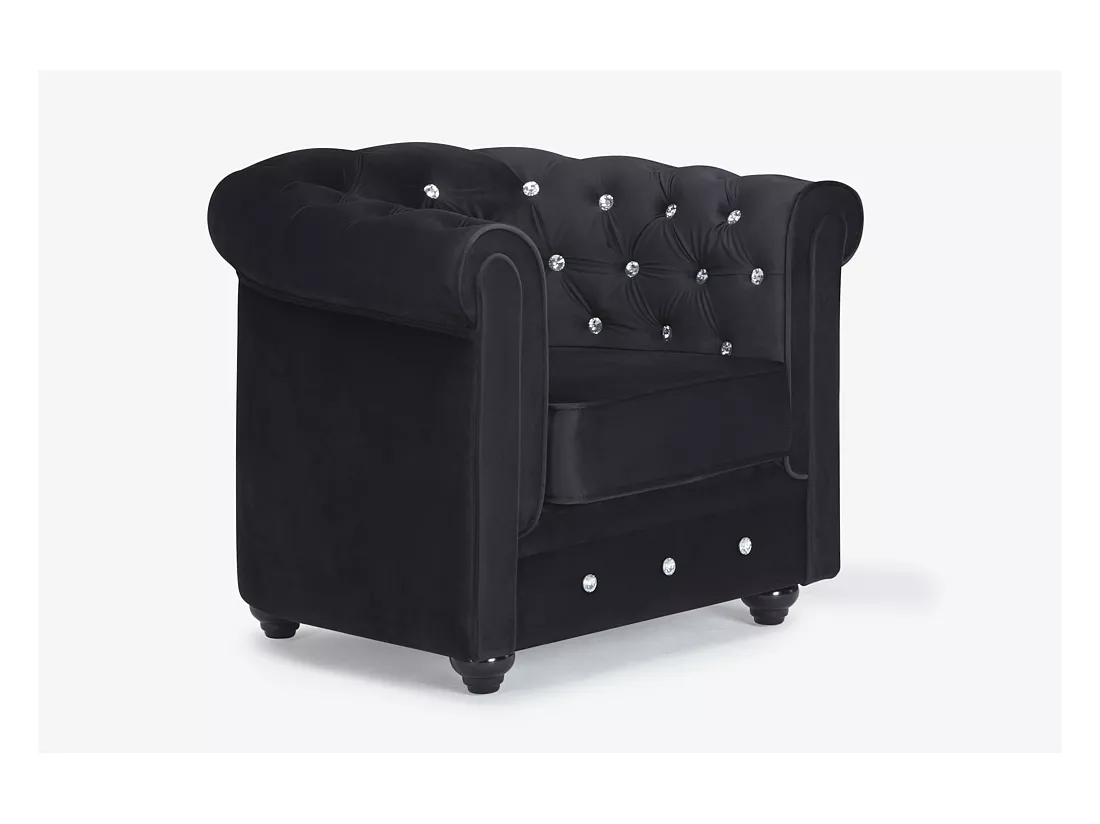 Fauteuil CHESTERFIELD - velours noir et boutons effet cristal