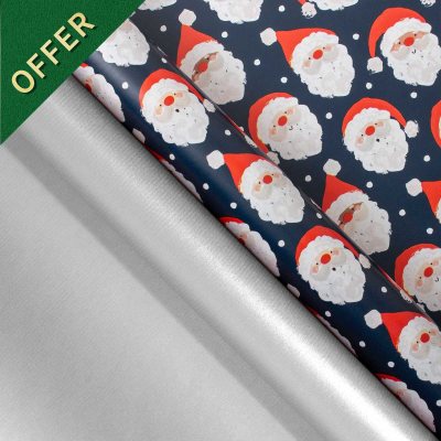 Santa Faces On Navy Rollwrap Pack X2 3M Rollwraps & 6 Gift Tags