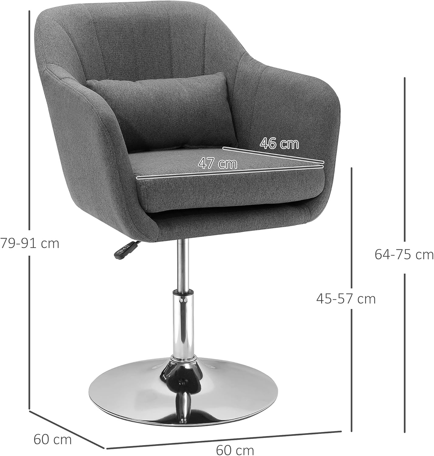 HOMCOM Sessel Loungesessel mit Armlehne, Lendenkissen, Gepolstert Relaxsessel mit Metallrahmen, Leinenoptik, Höhenverstellbar Drehstuhl für Schlafzimmer, Wohnzimmer, Dunkelgrau