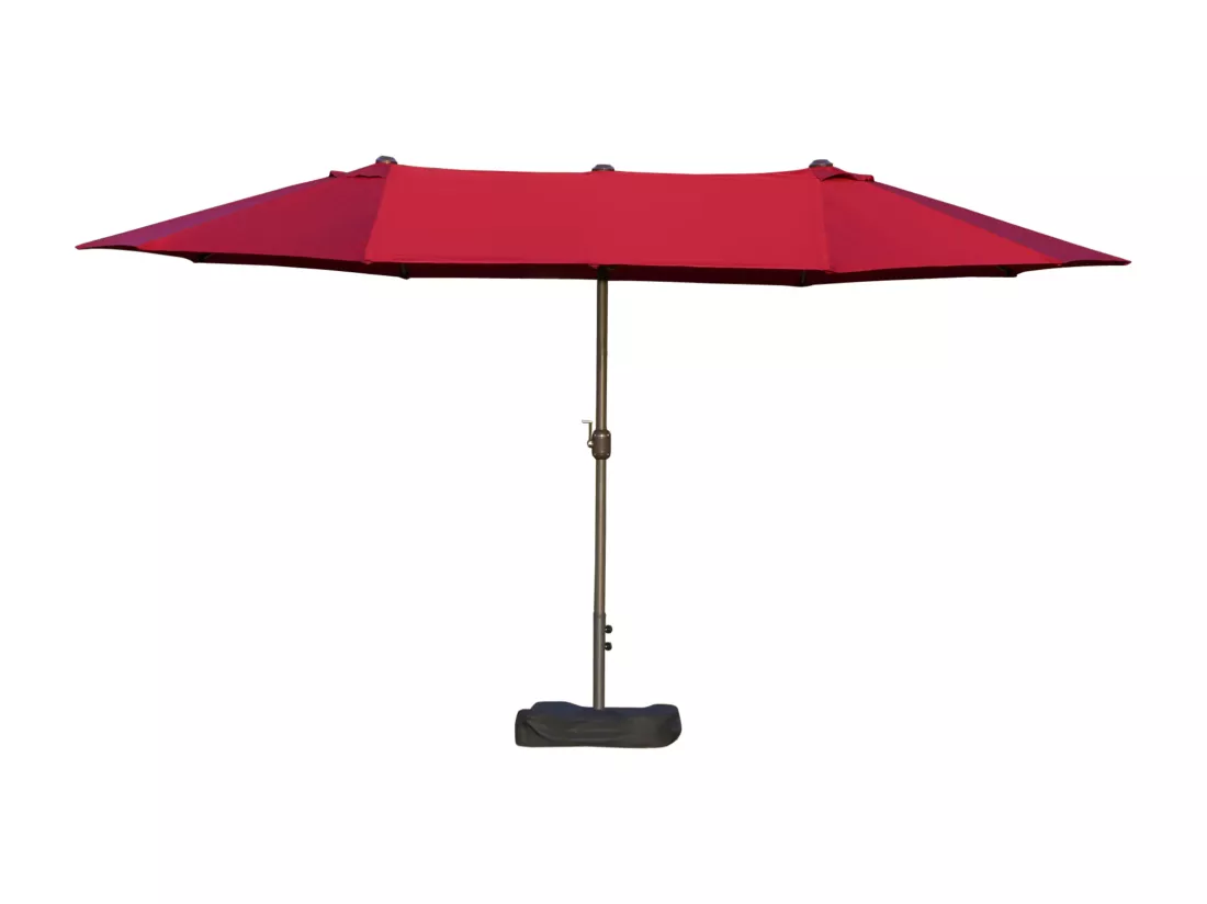 Parasol de jardin XXL dim. 4,6L x 2,7l x 2,4H m ouverture fermeture manivelle pied & contrepoids inclus acier polyester haute densité bordeaux