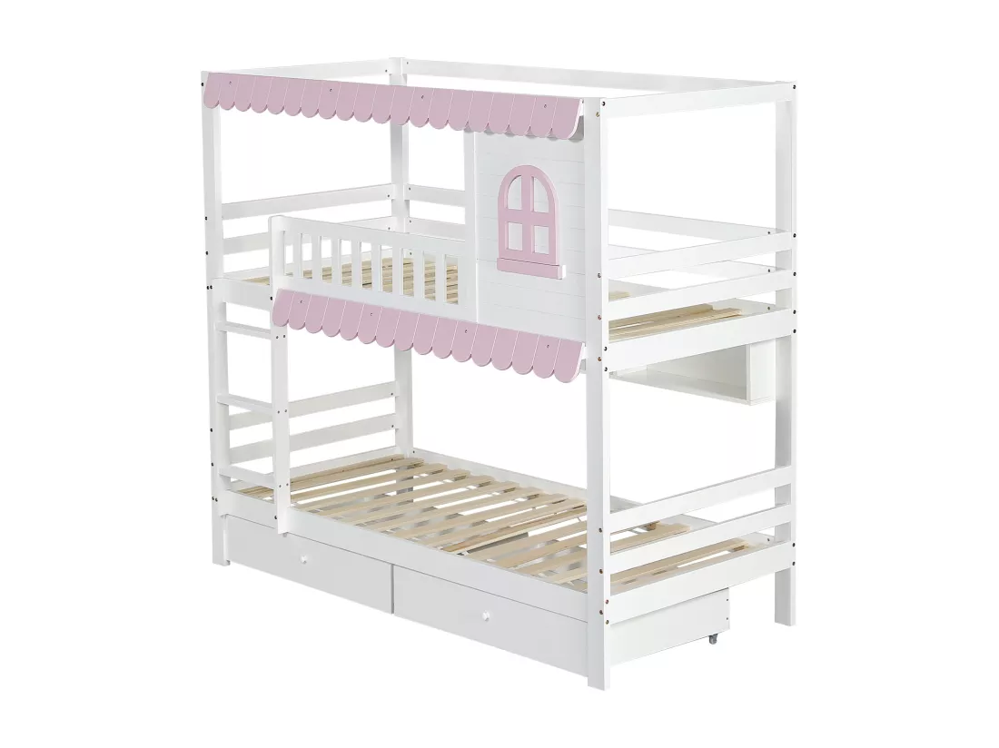 Lit superposé en bois - 90x200 cm - avec 2 tiroirs et étagères - Blanc & Rose (sans rideaux)
