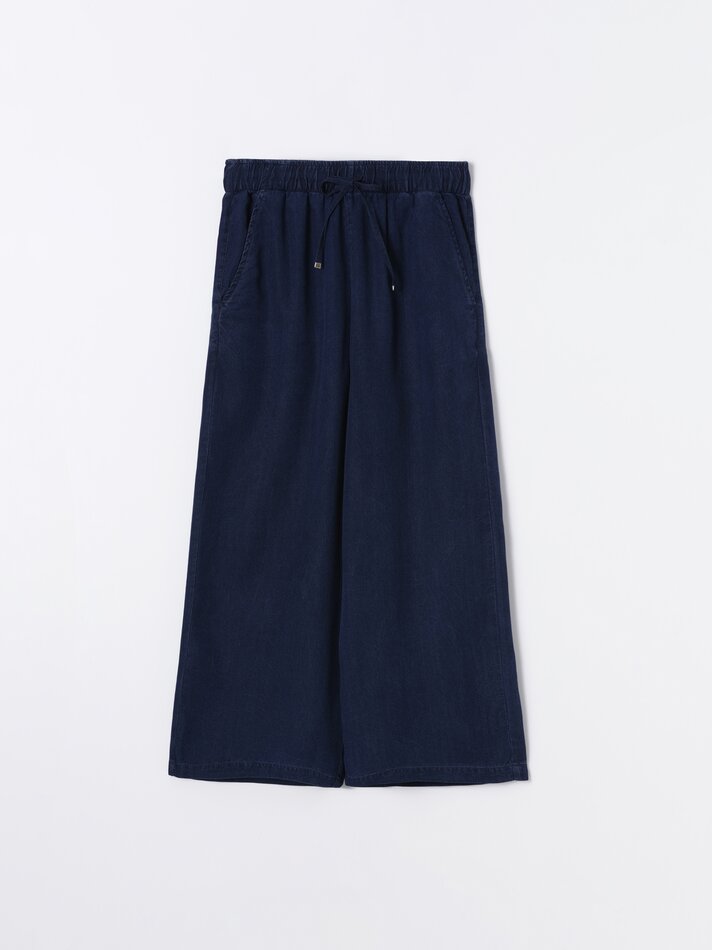 Calças culote em denim leve - Azul-marinho