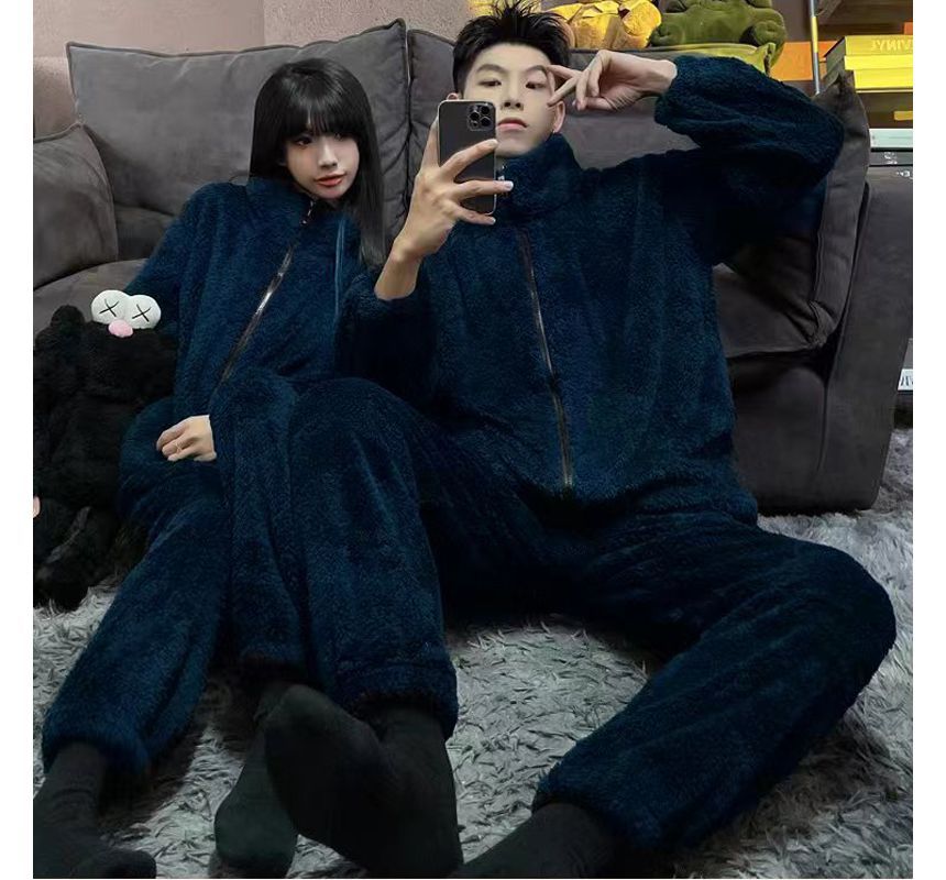 Dazzli - Bijpassende pyjamaset voor koppels: effen fleecejack met rits + broek