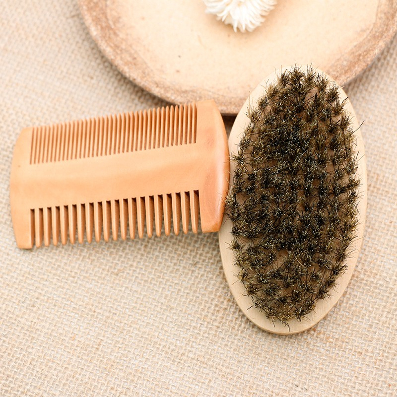 (3-tlg Set) Bart Styling Barber Holz Pflege Kamm und Wildschweinborsten Bürste - Braun