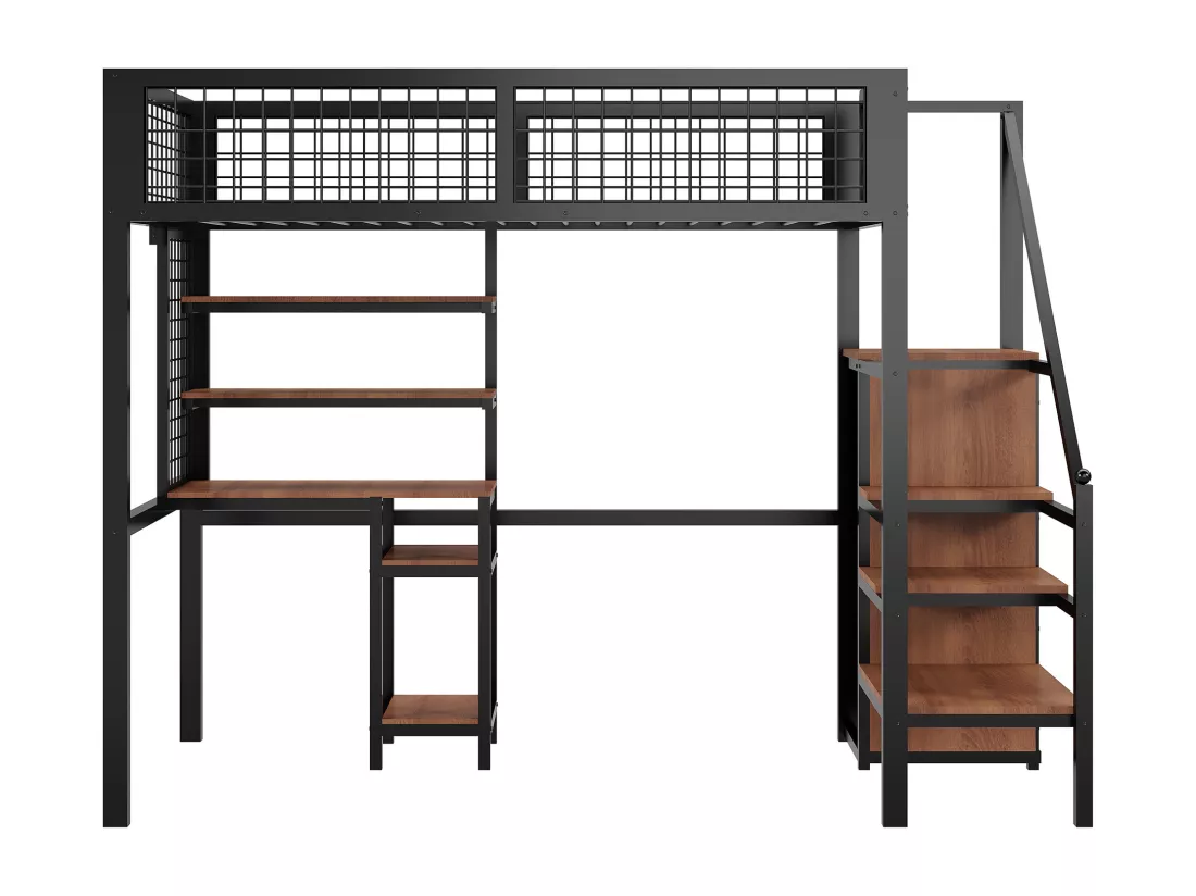 Lit mezzanine 90 x 200 cm en métal avec armoire, éscalier, bureau, étagères de rangement, tout-en-un, noir