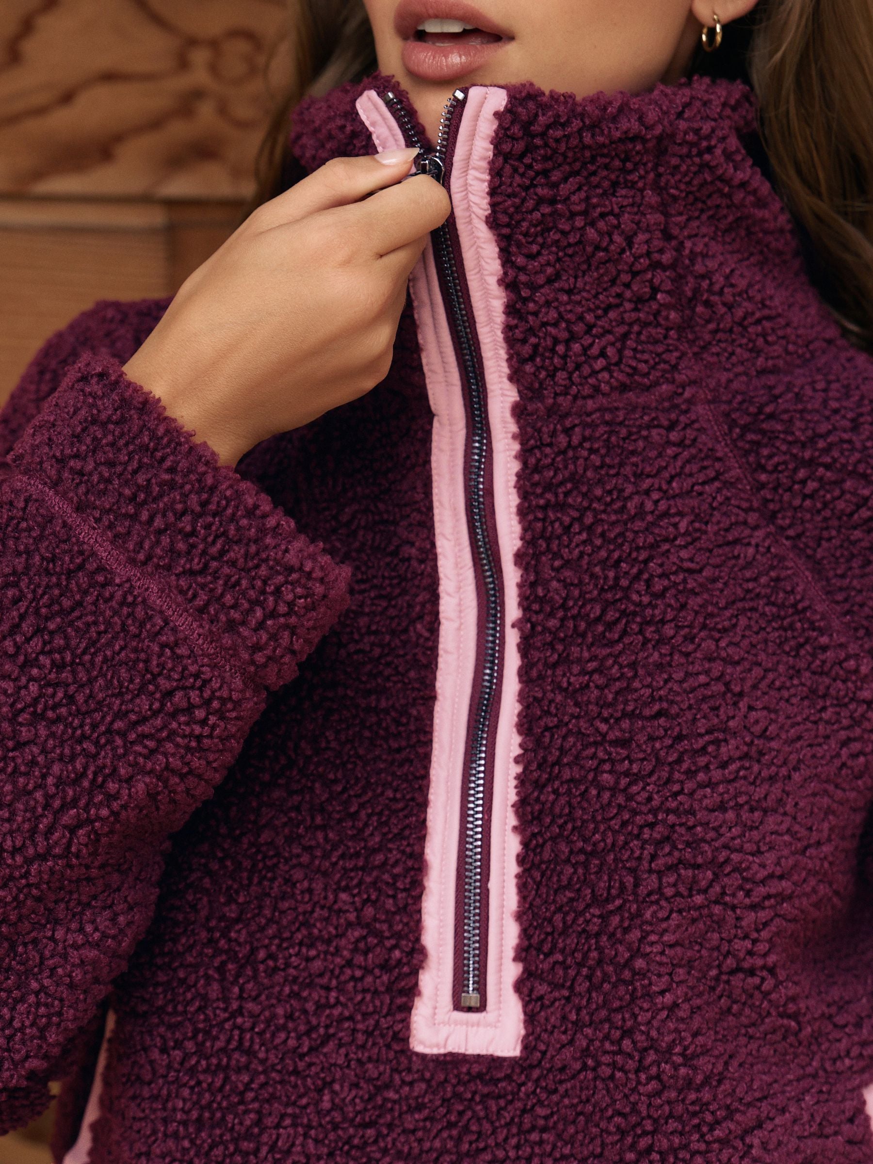 Bordeauxrood/roze - Borg fleece met korte rits