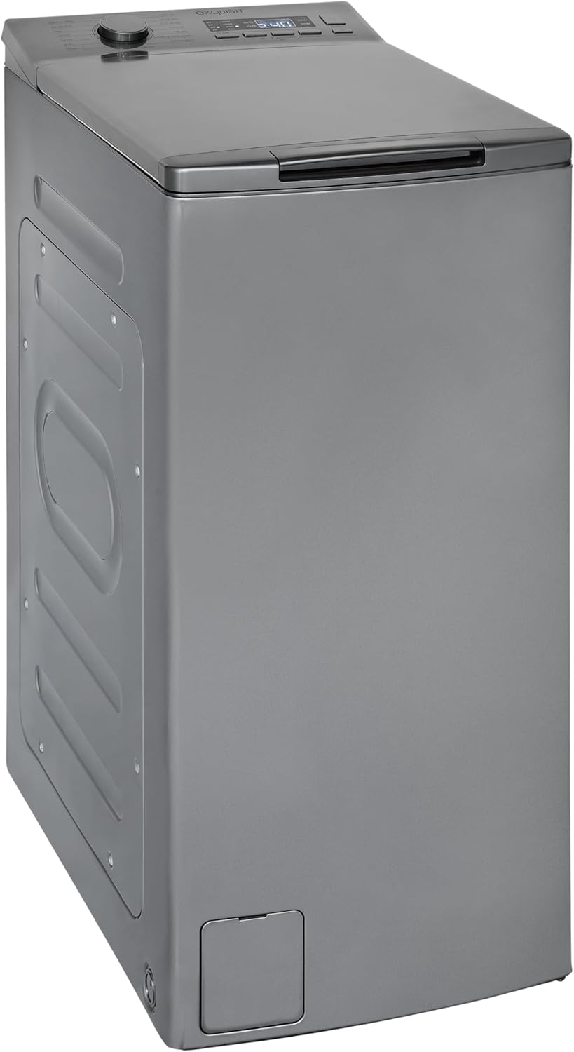 Exquisit Waschmaschine 7,5kg, Toplader, Waschmaschine schmal, Energieklasse A, 1200 U/Min, Startzeitvorwahl, Kurzprogramm, LTO51207-030A silber-dunkel