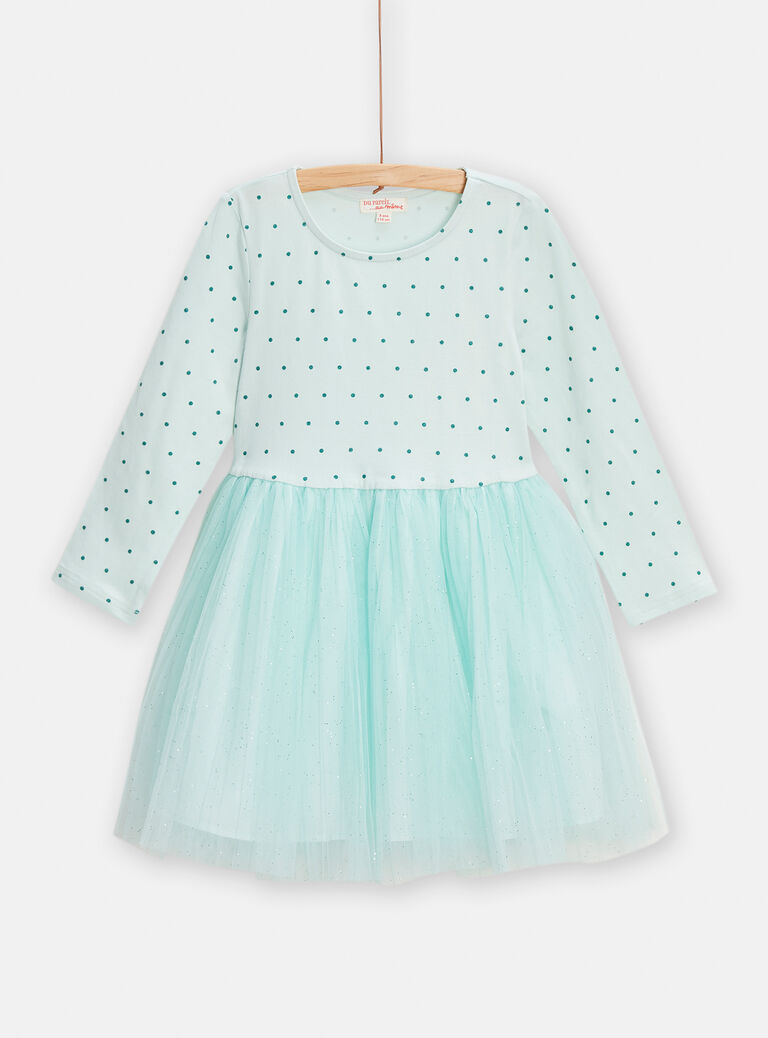 Robe bi-matière vert d'eau pour fille